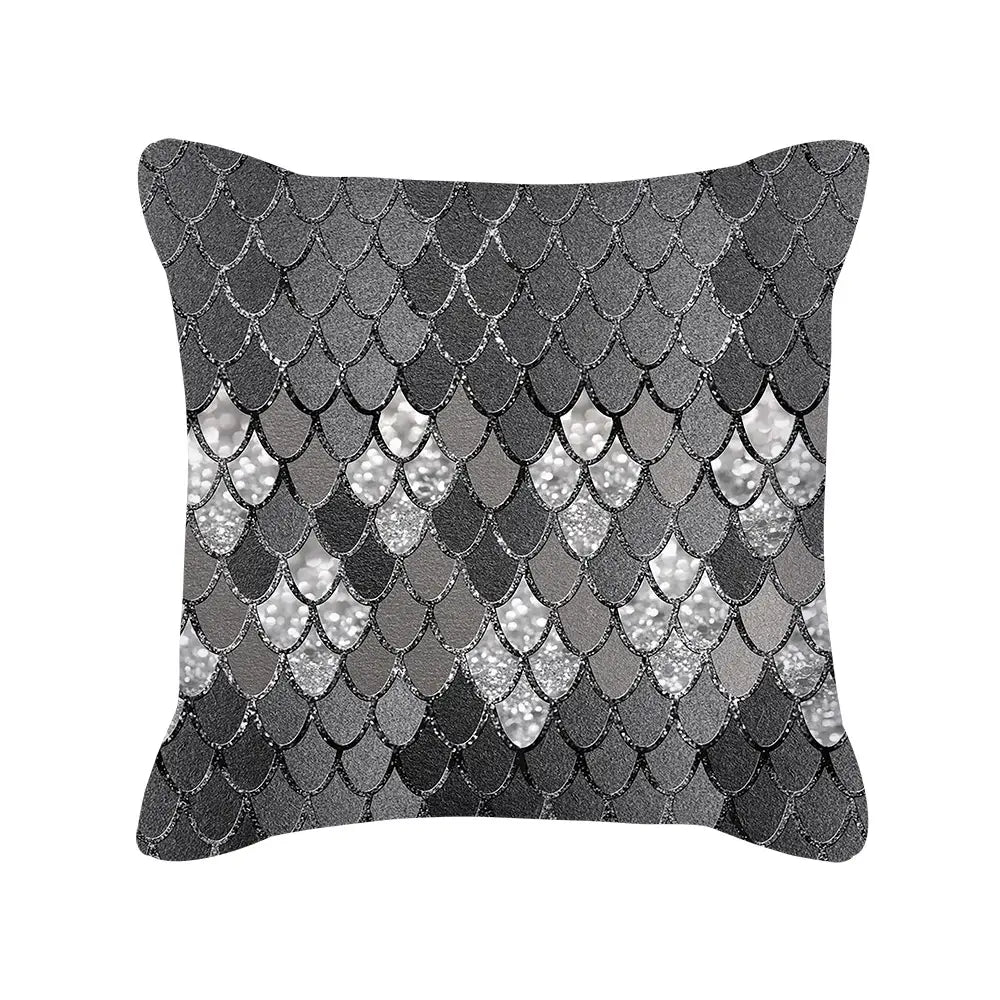 Silver Grey Geometric Print Square Peach Skin Throw Pillow