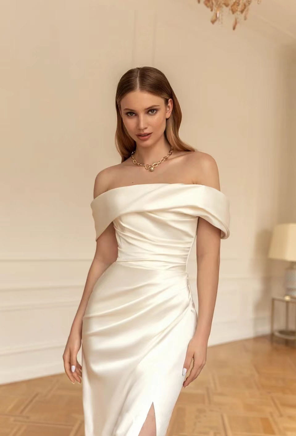 One-shoulder White Simple Slim Wedding Dress Lyiq