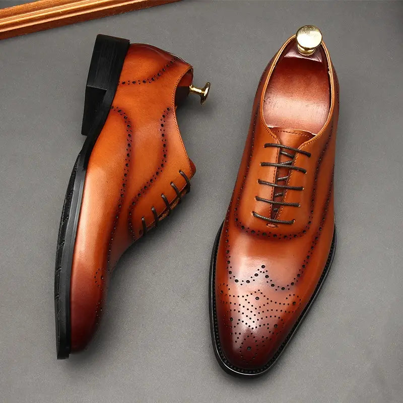 Leather Shoes Men’s British Pointed Toe Business Formal Wear Lace-up Shoes Men