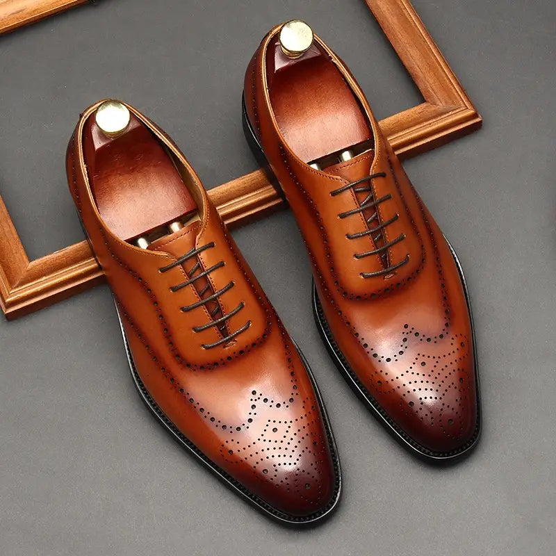 Leather Shoes Men’s British Pointed Toe Business Formal Wear Lace-up Shoes Men