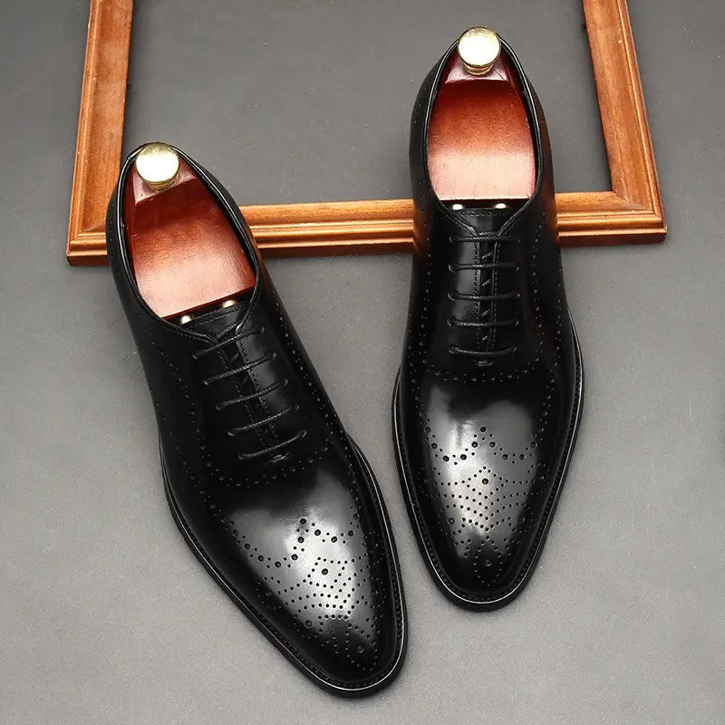 Leather Shoes Men’s British Pointed Toe Business Formal Wear Lace-up Shoes Men