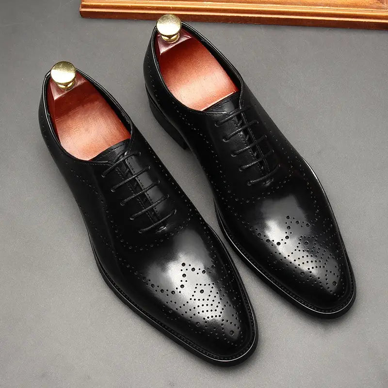 Leather Shoes Men’s British Pointed Toe Business Formal Wear Lace-up Shoes Men