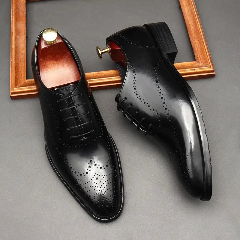 Leather Shoes Men’s British Pointed Toe Business Formal Wear Lace-up Shoes Men