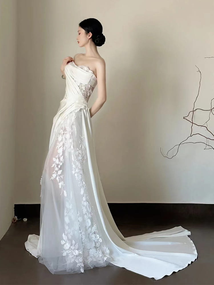 Satin Lace Wedding Veil Tube Top Fishtail Wedding Dress