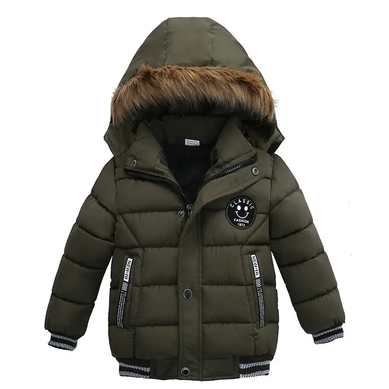 New Winter Boys Jacket Warm Fur Collar Fashion Baby Girls Coat Hooded Zipper Outerwear Birthday Gift 1-6 Years Kids