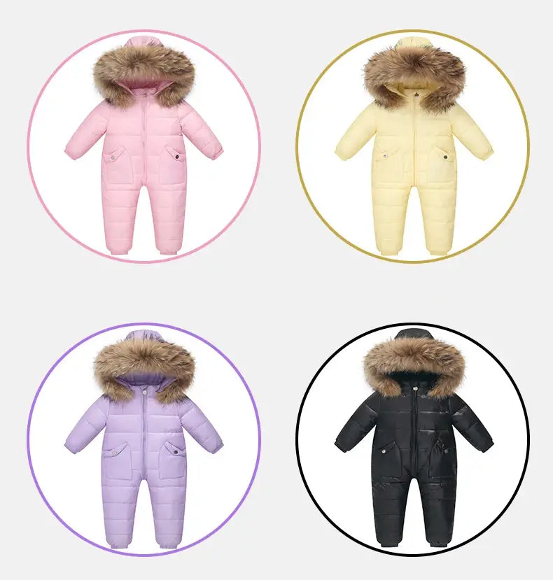 OLEKID 2024 Winter Kids Jumpsuit Hooded Real Raccoon Fur Children Girl Winter Overalls 1-5 Year Infant Baby Boy Romper