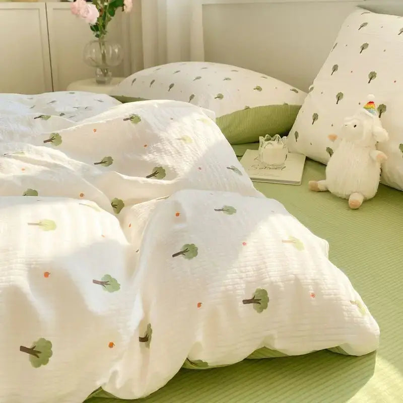 Korean Style Green Heart Bedding Set Girls INS Pink Floral Duvet Cover Flat Sheet Pillowcase Bed Linens Fashion Home