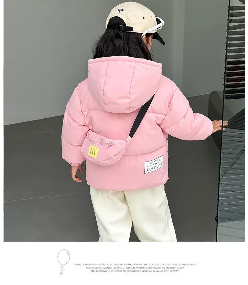 New Winter Boys Girls Jacket Thick Keep Warm Lining With Velvet Hooded Heavy Coat For Kids Children Outerwear Send Bag