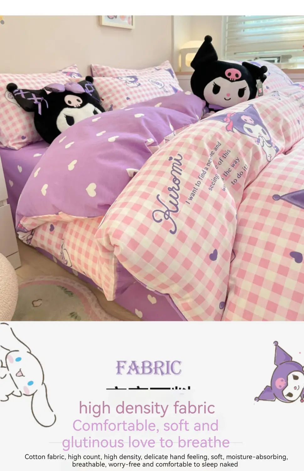 Sanrio Bedding Set Hello Kitty Kuromi My Melody Cinnamoroll 100% cotton Duvet Cover Bed Sheet Pillowcase King Queen