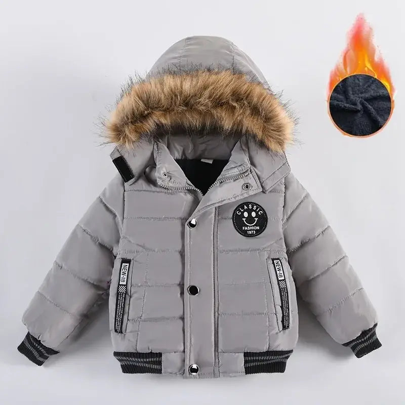 New Winter Boys Jacket Warm Fur Collar Fashion Baby Girls Coat Hooded Zipper Outerwear Birthday Gift 1-6 Years Kids