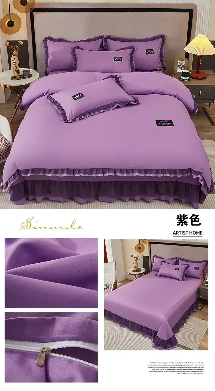 Korean Ins Bedding Set Luxury Quilt Cover Pillowcase Flat Bed Sheets Simple Girl Princess Cotton Home Textiles