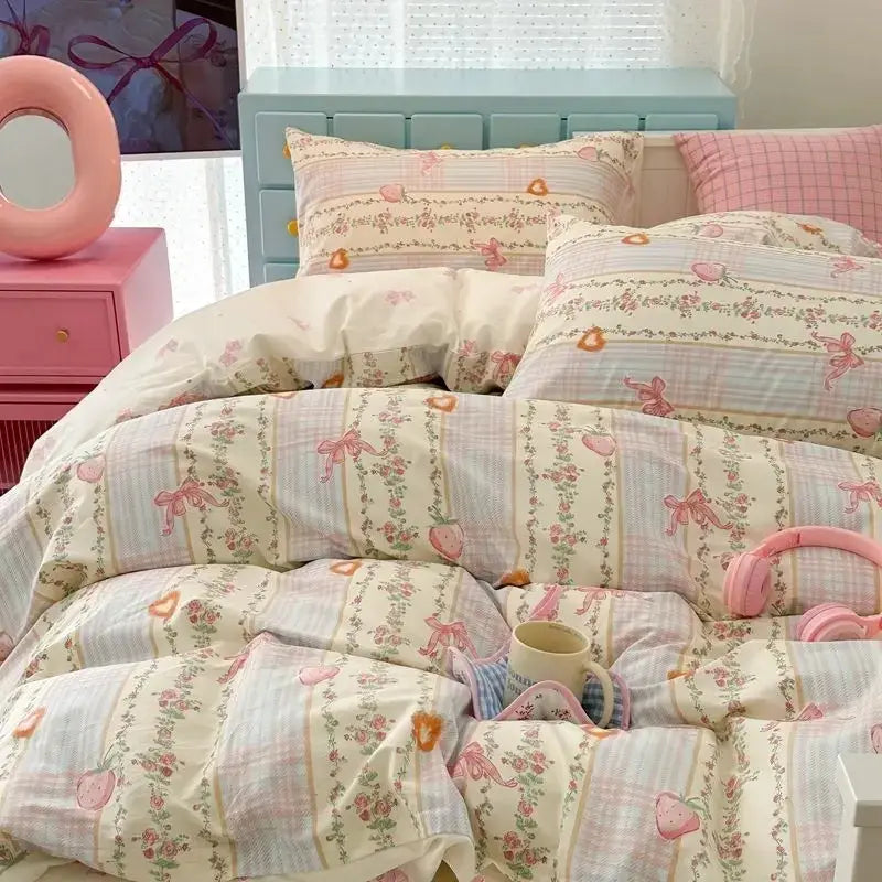 Pink Strawberry Bedding Set Soft 3/4pcs Bed Sheet Flower Duvet Cover Pillowcase Double Queen Home Textiles For Child