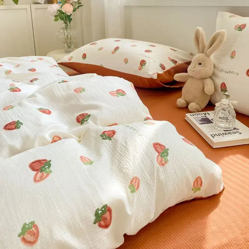 Korean Style Green Heart Bedding Set Girls INS Pink Floral Duvet Cover Flat Sheet Pillowcase Bed Linens Fashion Home