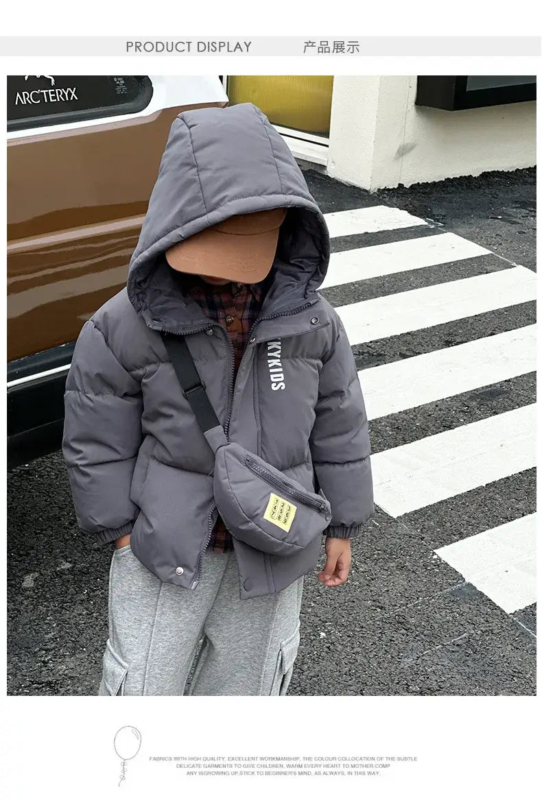 New Winter Boys Girls Jacket Thick Keep Warm Lining With Velvet Hooded Heavy Coat For Kids Children Outerwear Send Bag