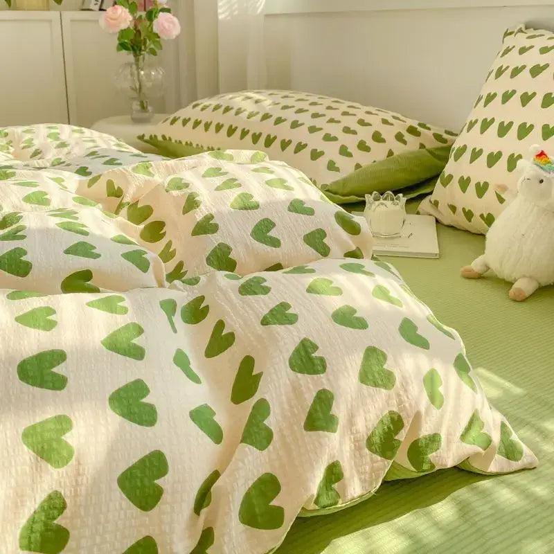 Korean Style Green Heart Bedding Set Girls INS Pink Floral Duvet Cover Flat Sheet Pillowcase Bed Linens Fashion Home