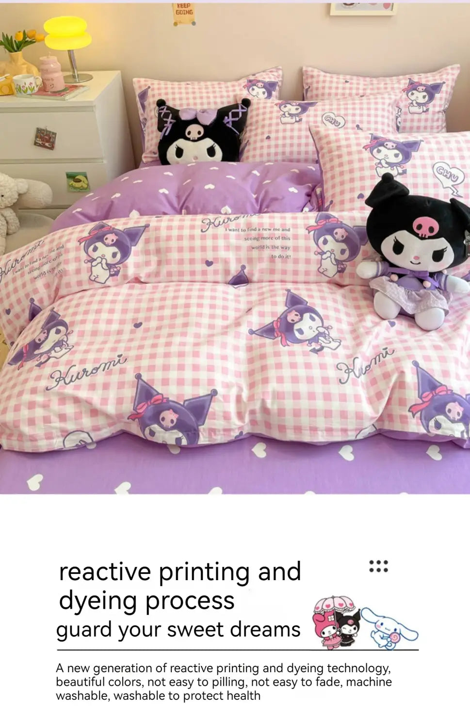 Sanrio Bedding Set Hello Kitty Kuromi My Melody Cinnamoroll 100% cotton Duvet Cover Bed Sheet Pillowcase King Queen