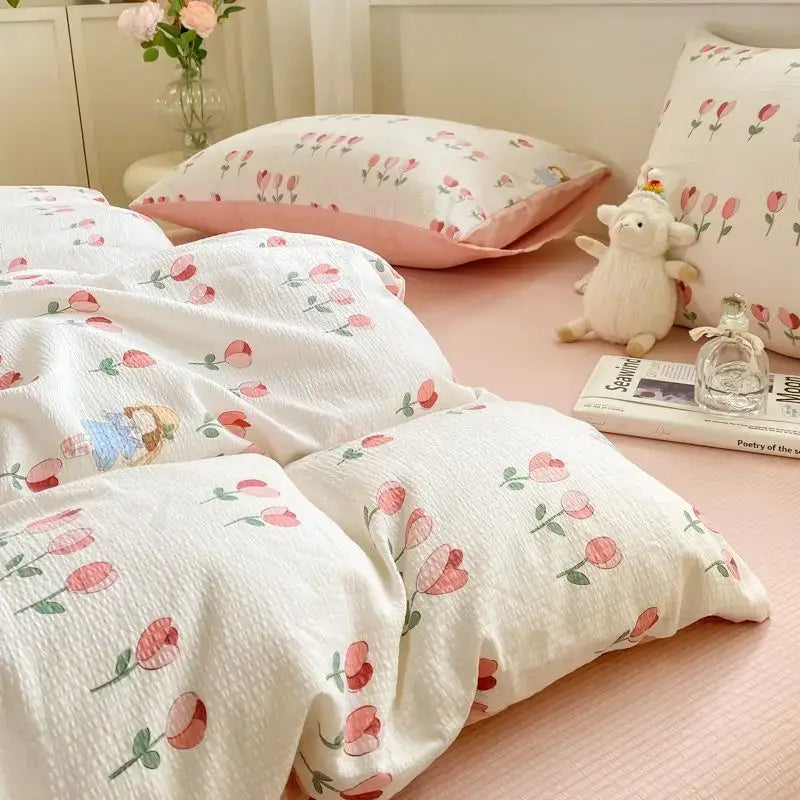 Korean Style Green Heart Bedding Set Girls INS Pink Floral Duvet Cover Flat Sheet Pillowcase Bed Linens Fashion Home