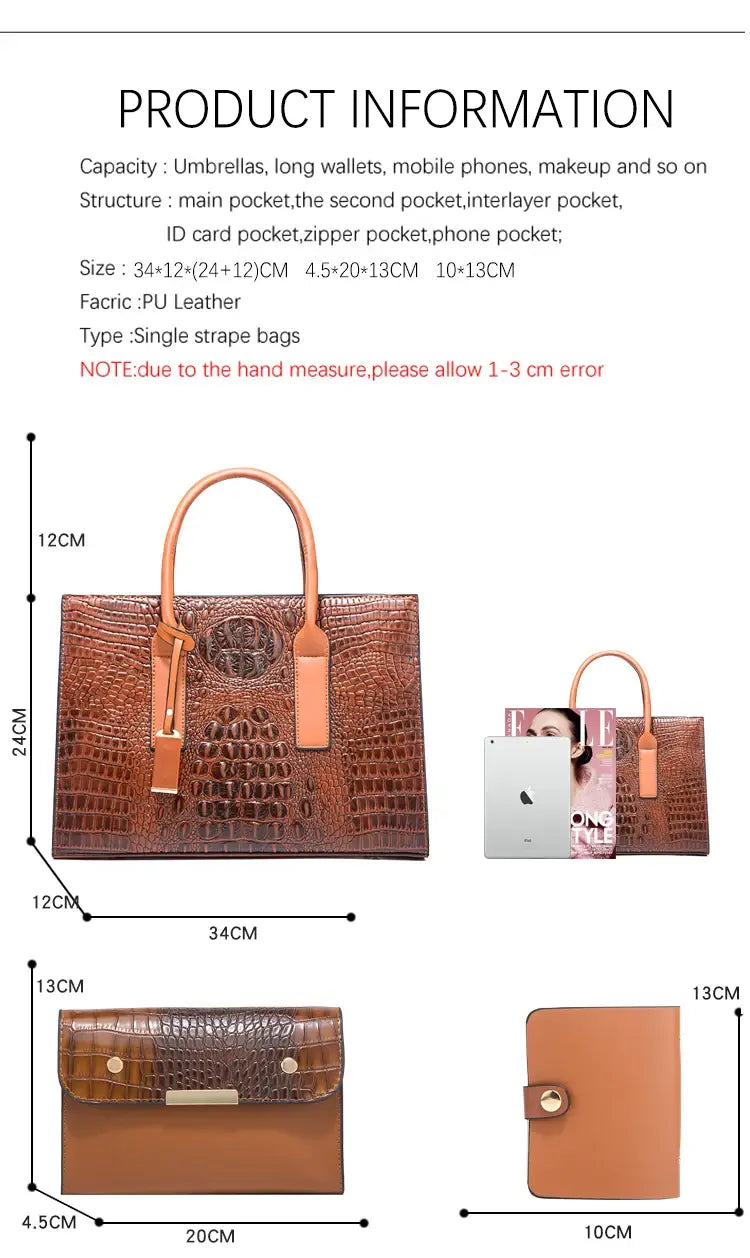 TRAVEASY 2024 New Crocodile Pattern Handbag Women PU Leather Vintage Style Shoulder Bag Large Capacity Laides Hand Bags