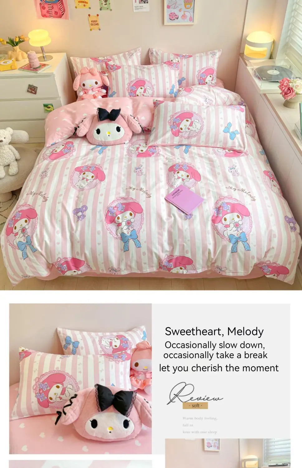 Sanrio Bedding Set Hello Kitty Kuromi My Melody Cinnamoroll 100% cotton Duvet Cover Bed Sheet Pillowcase King Queen