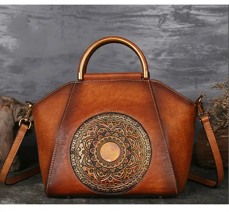 Vintage Genuine Leather Women Shoulder Bag For Ladies Handmade Luxury Designer Handbag Metal Handle Crossbody Bags Brown