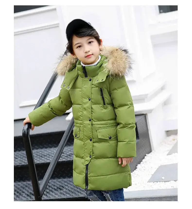 OLEKID 2024 Winter Children Down Jacket For Boys Warm Real Raccoon Fur Hooded Long Boys Outerwear Coat 2-12 Years Kids