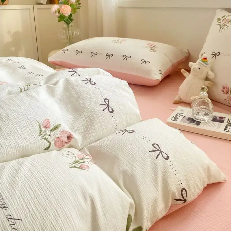 Korean Style Green Heart Bedding Set Girls INS Pink Floral Duvet Cover Flat Sheet Pillowcase Bed Linens Fashion Home