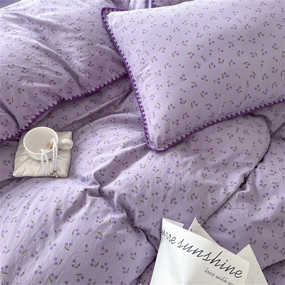 Washed Cotton Duvet Cover Purple Cherry Bed Sheet Pillowcase for Adults and Kids Home Textiles Four-piece Bedding Set