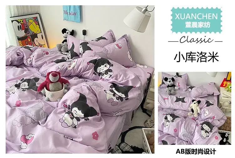 Sanrio Cotton Bedding Set Hello Kitty Pachacco Kuromi Sheet Duvet Cover Pillowcase King Queen Full Size Bedclothes Home