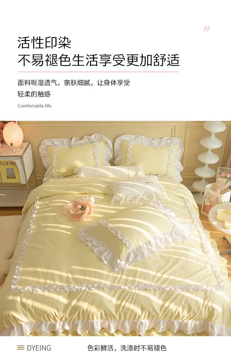 Korean Ins Bedding Set Luxury Quilt Cover Pillowcase Flat Bed Sheets Simple Girl Princess Ruffle Home Textiles