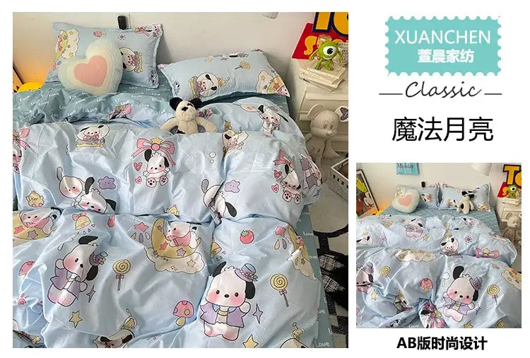 Sanrio Cotton Bedding Set Hello Kitty Pachacco Kuromi Sheet Duvet Cover Pillowcase King Queen Full Size Bedclothes Home