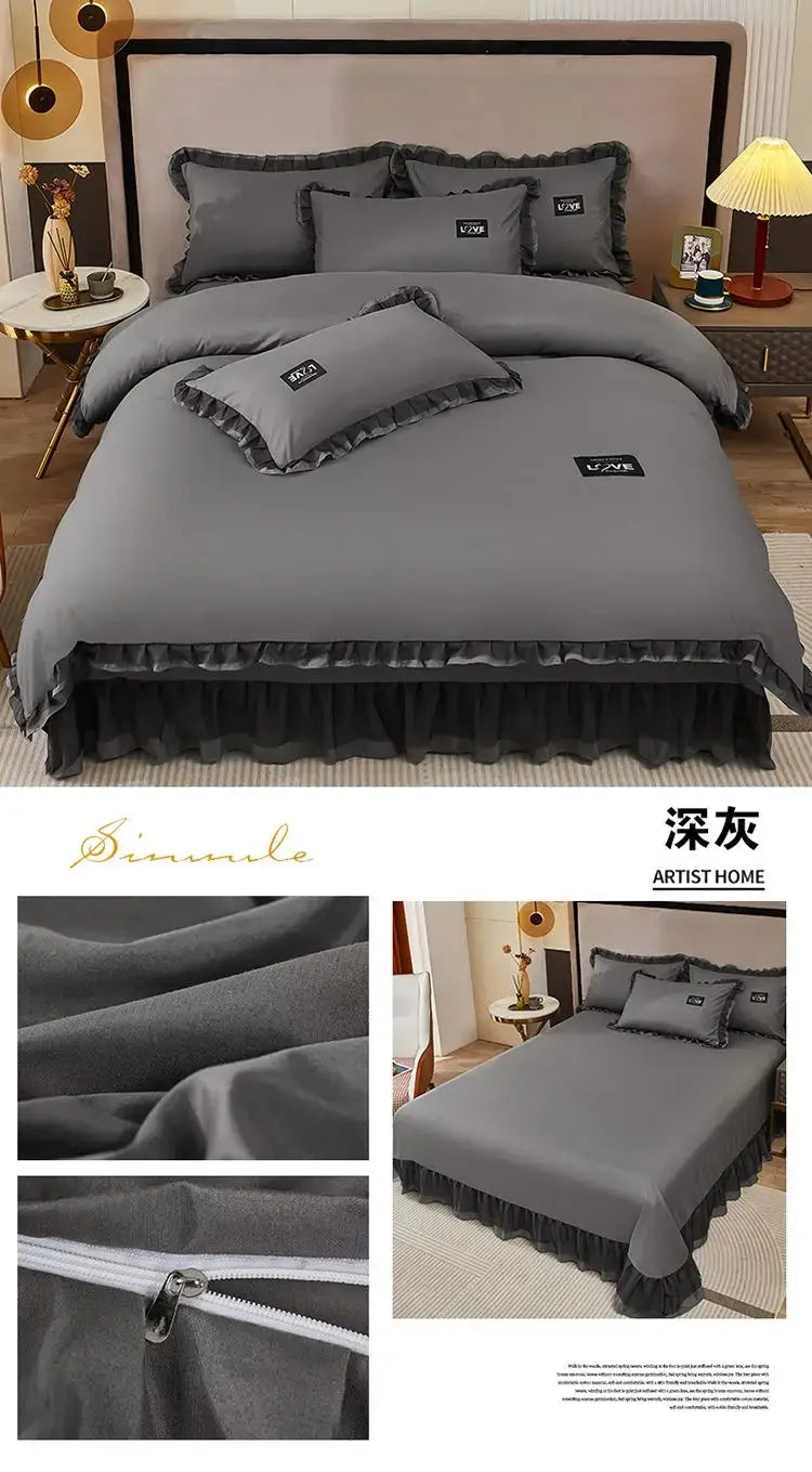 Korean Ins Bedding Set Luxury Quilt Cover Pillowcase Flat Bed Sheets Simple Girl Princess Cotton Home Textiles