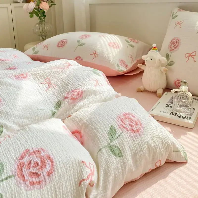 Korean Style Green Heart Bedding Set Girls INS Pink Floral Duvet Cover Flat Sheet Pillowcase Bed Linens Fashion Home