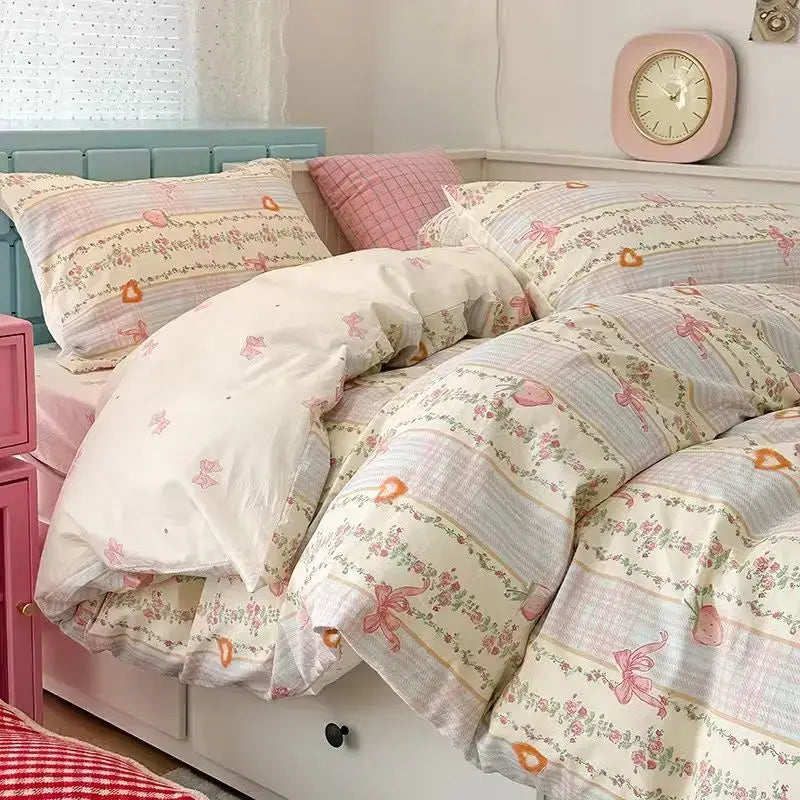 Pink Strawberry Bedding Set Soft 3/4pcs Bed Sheet Flower Duvet Cover Pillowcase Double Queen Home Textiles For Child