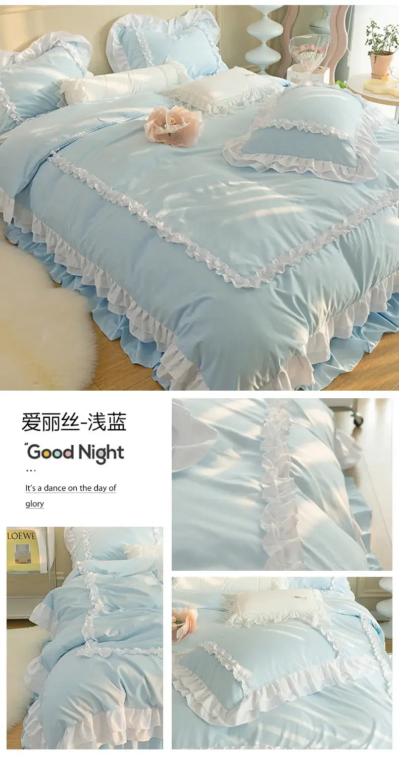 Korean Ins Bedding Set Luxury Quilt Cover Pillowcase Flat Bed Sheets Simple Girl Princess Ruffle Home Textiles