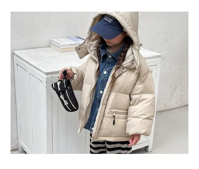 Winter Toddler Girl Down Jackets Solid Thicken Warm Denim Fake Two Piece Snowwear Coat Zipper Hooded Children Girl