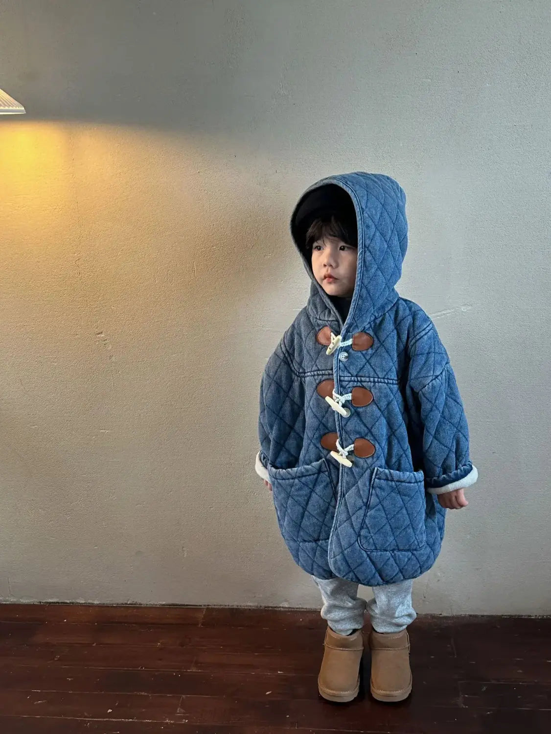 Winter Childrens Boys Denim Cotton Jacket Thickened Fleece Warm Baby Boys Parkas Horn Button Hooded Kids Boys Outerwears