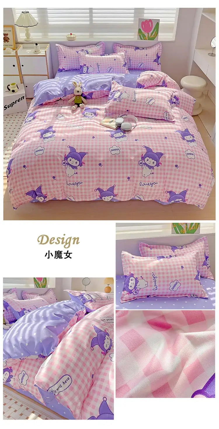 Sanrio Cotton Bedding Set Hello Kitty Pachacco Kuromi Sheet Duvet Cover Pillowcase King Queen Full Size Bedclothes Home