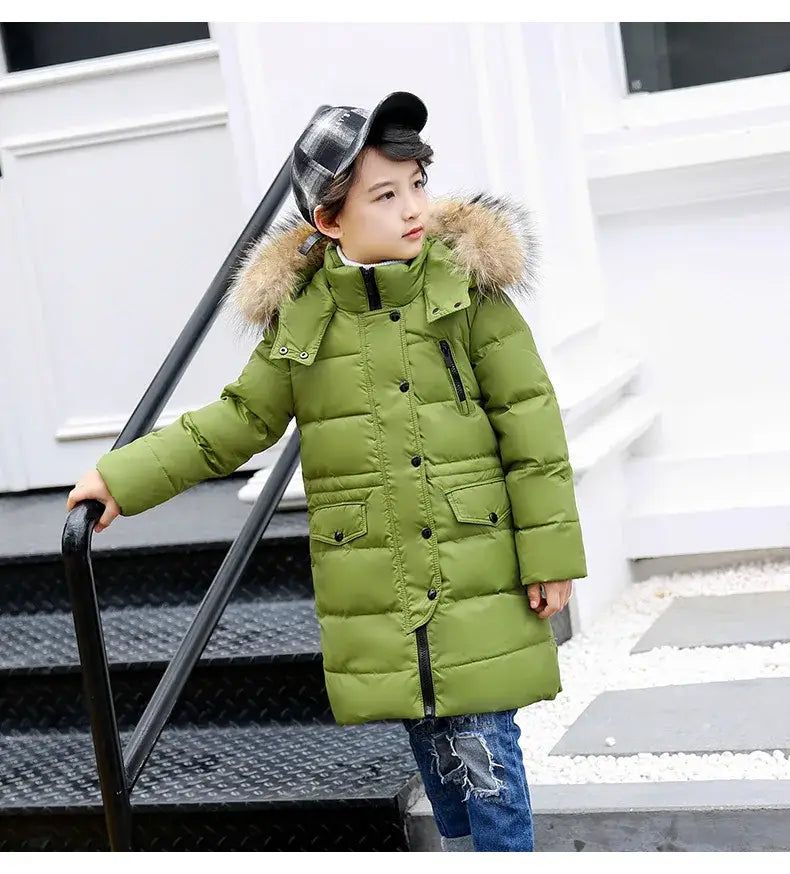 OLEKID 2024 Winter Children Down Jacket For Boys Warm Real Raccoon Fur Hooded Long Boys Outerwear Coat 2-12 Years Kids