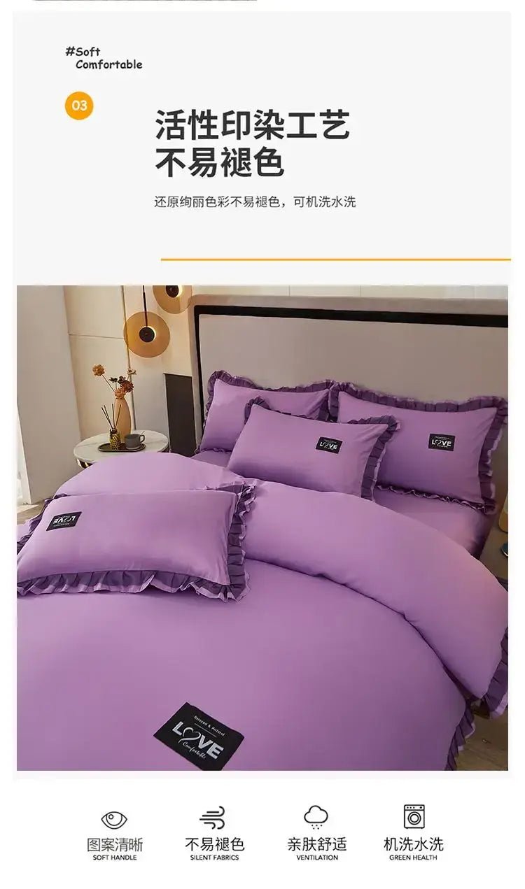 Korean Ins Bedding Set Luxury Quilt Cover Pillowcase Flat Bed Sheets Simple Girl Princess Cotton Home Textiles