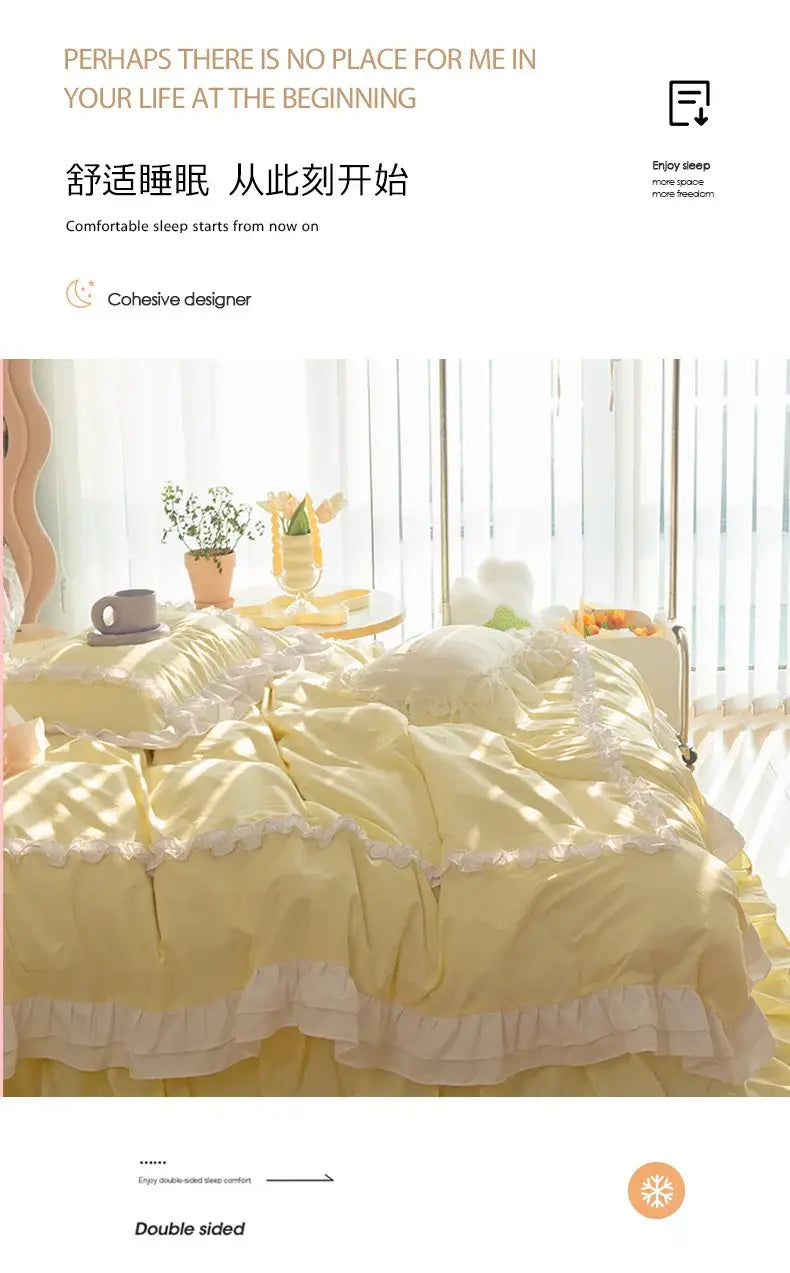 Korean Ins Bedding Set Luxury Quilt Cover Pillowcase Flat Bed Sheets Simple Girl Princess Ruffle Home Textiles