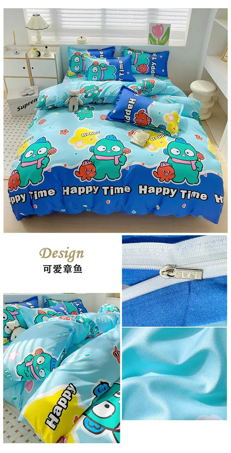 Sanrio Cotton Bedding Set Hello Kitty Pachacco Kuromi Sheet Duvet Cover Pillowcase King Queen Full Size Bedclothes Home