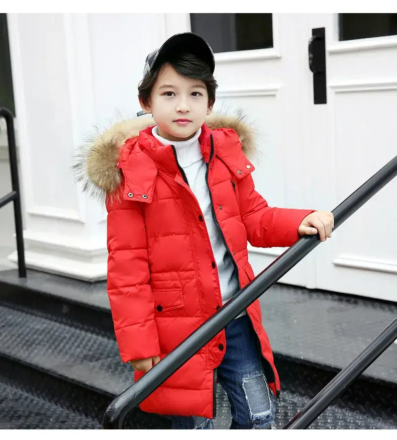 OLEKID 2024 Winter Children Down Jacket For Boys Warm Real Raccoon Fur Hooded Long Boys Outerwear Coat 2-12 Years Kids