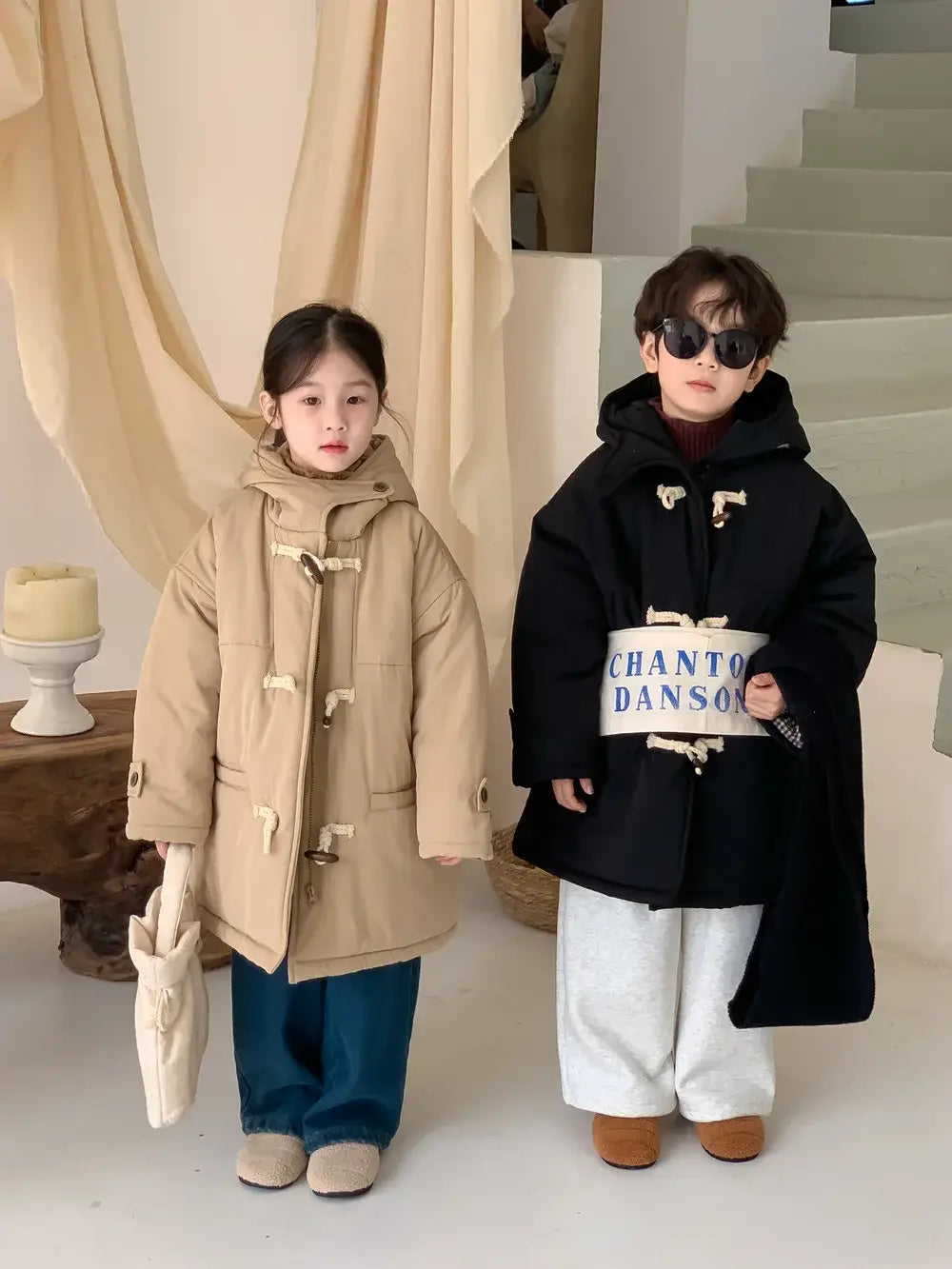 Winter Korean Children Boy Parkas Cotton Padded Thicken Hooded Toddler Boy Snowwear Coat Casual Solid Horn Button Kid