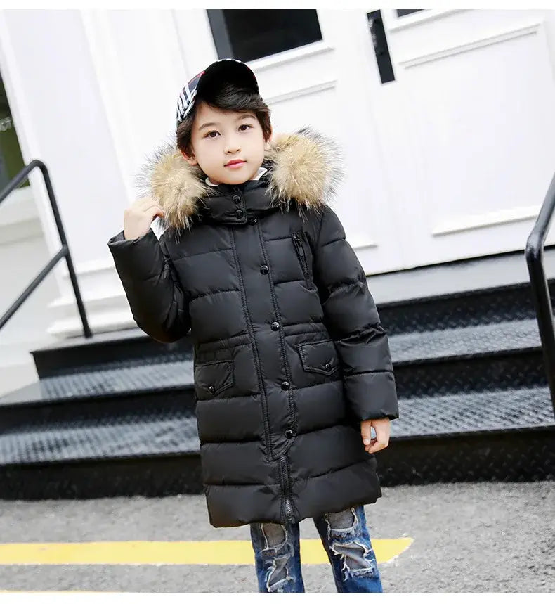 OLEKID 2024 Winter Children Down Jacket For Boys Warm Real Raccoon Fur Hooded Long Boys Outerwear Coat 2-12 Years Kids