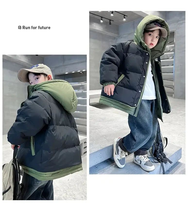 Winter Warm Boys Contrast Patchwork Cotton Lined Hooded Zip Jackets School Kids Thick Coats Children Outfits