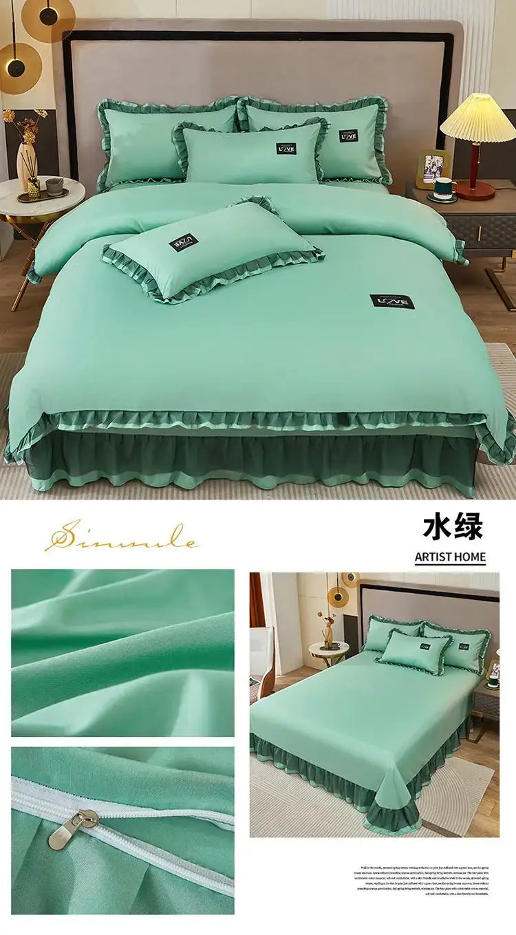 Korean Ins Bedding Set Luxury Quilt Cover Pillowcase Flat Bed Sheets Simple Girl Princess Cotton Home Textiles