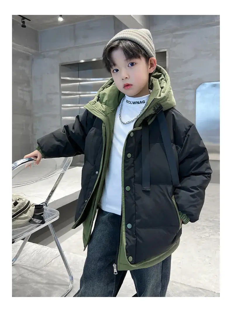 Winter Warm Boys Contrast Patchwork Cotton Lined Hooded Zip Jackets School Kids Thick Coats Children Outfits