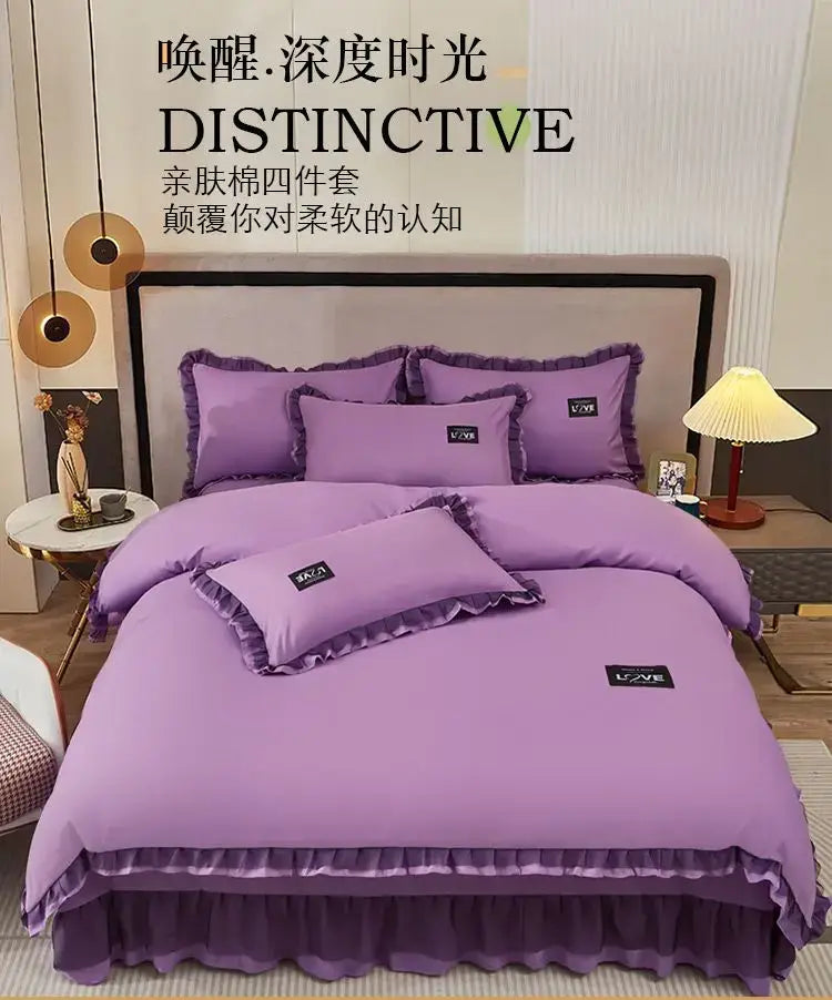 Korean Ins Bedding Set Luxury Quilt Cover Pillowcase Flat Bed Sheets Simple Girl Princess Cotton Home Textiles