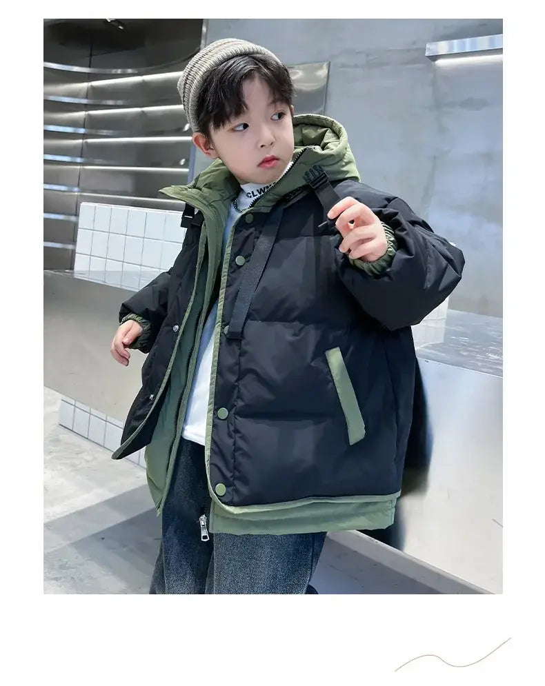 Winter Warm Boys Contrast Patchwork Cotton Lined Hooded Zip Jackets School Kids Thick Coats Children Outfits