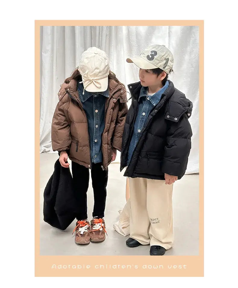 Winter Toddler Girl Down Jackets Solid Thicken Warm Denim Fake Two Piece Snowwear Coat Zipper Hooded Children Girl